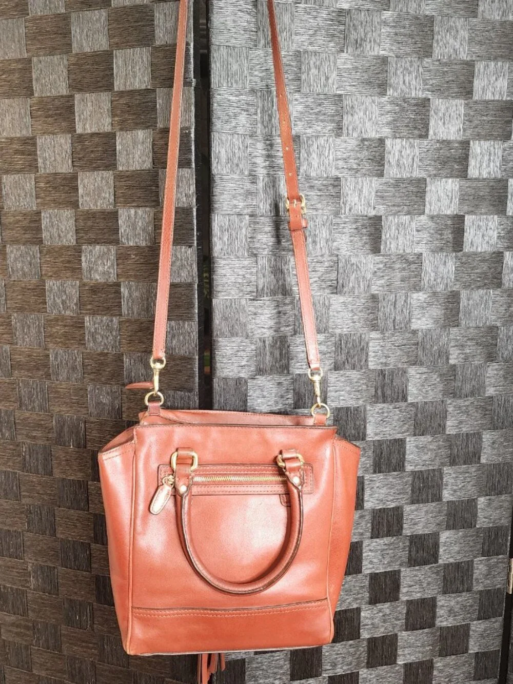 COACH Mini Tanner Legacy Cognac Leather Crossbody Satchel Bag Purse